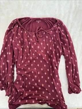 Garnet Hill Burgundy Tie-Neck Long Sleeve Tunic with Pink Floral Print